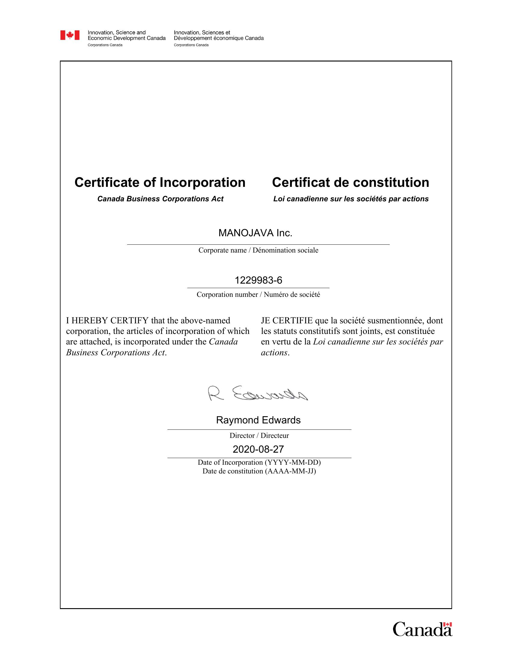 certificate_of_incorporation_of_the_manojava_inc_canda